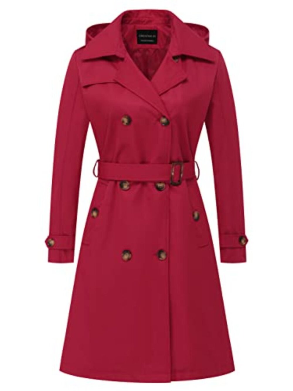 Women's Double-Breasted Trench Coat Waterproof Windproof Belted Detachable Hood